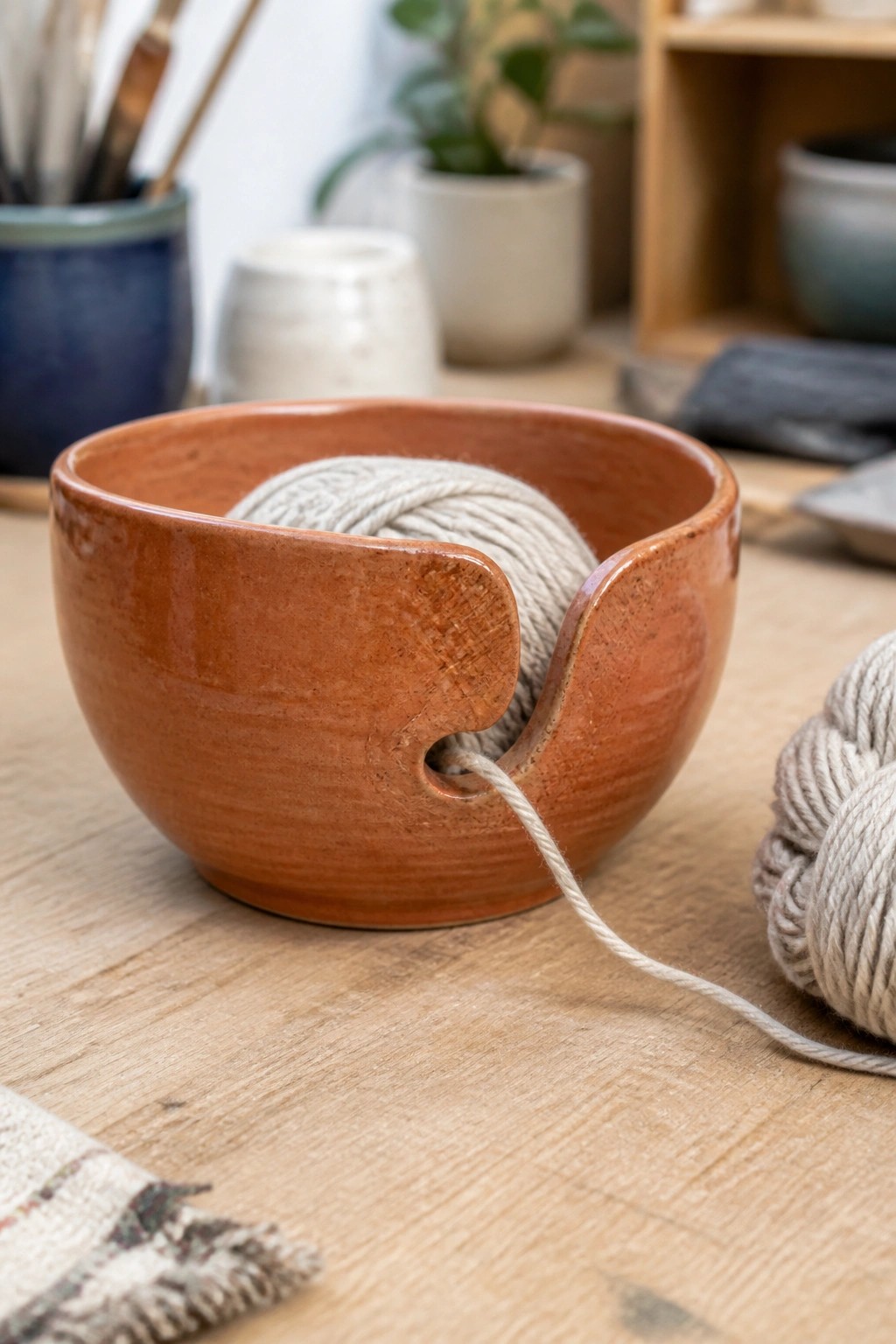 A terracotta ceramic bowl with a side notch holds a ball of light gray yarn, with a strand pulled through the opening onto a wooden table.