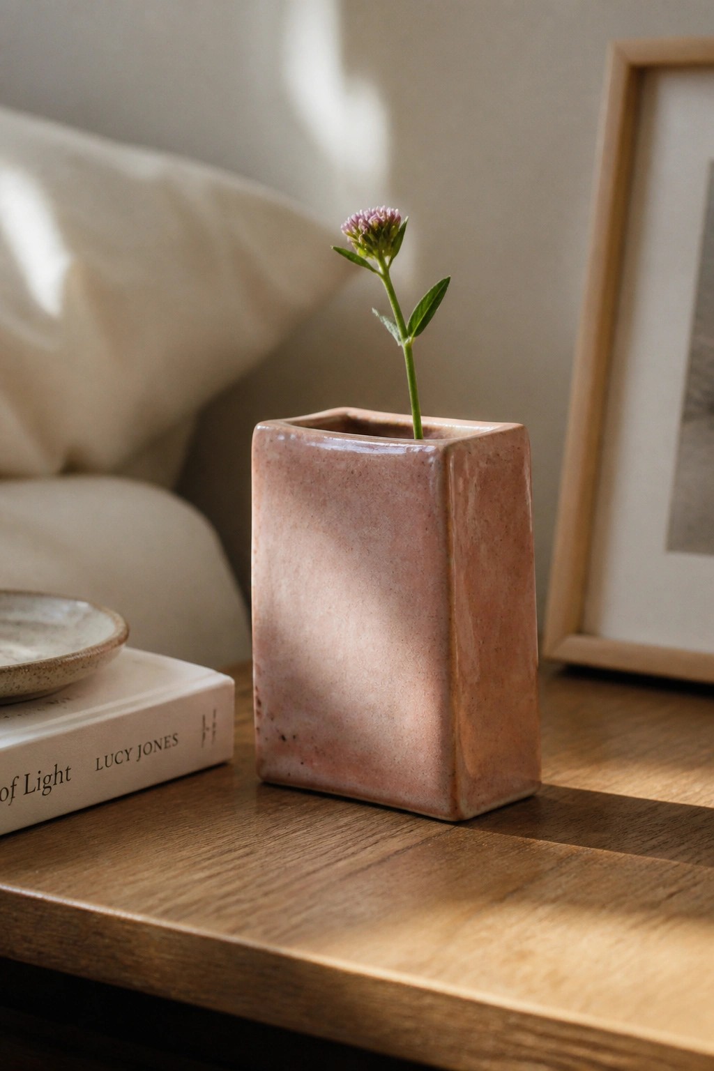 A small square pink ceramic vase holding one flower stem sits on a wooden table beside a book.