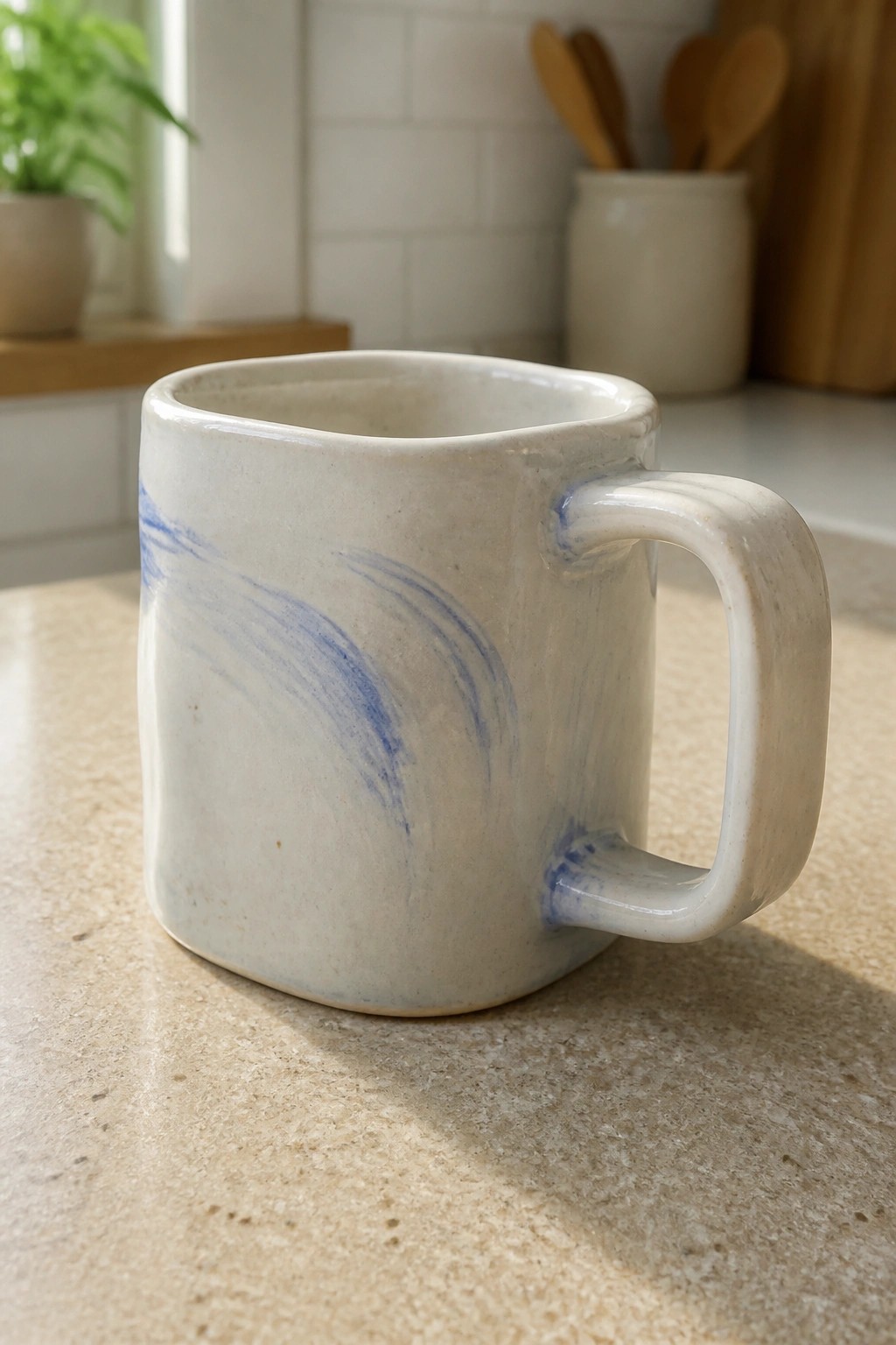 White ceramic mug with blue brushstrokes on speckled kitchen countertop
