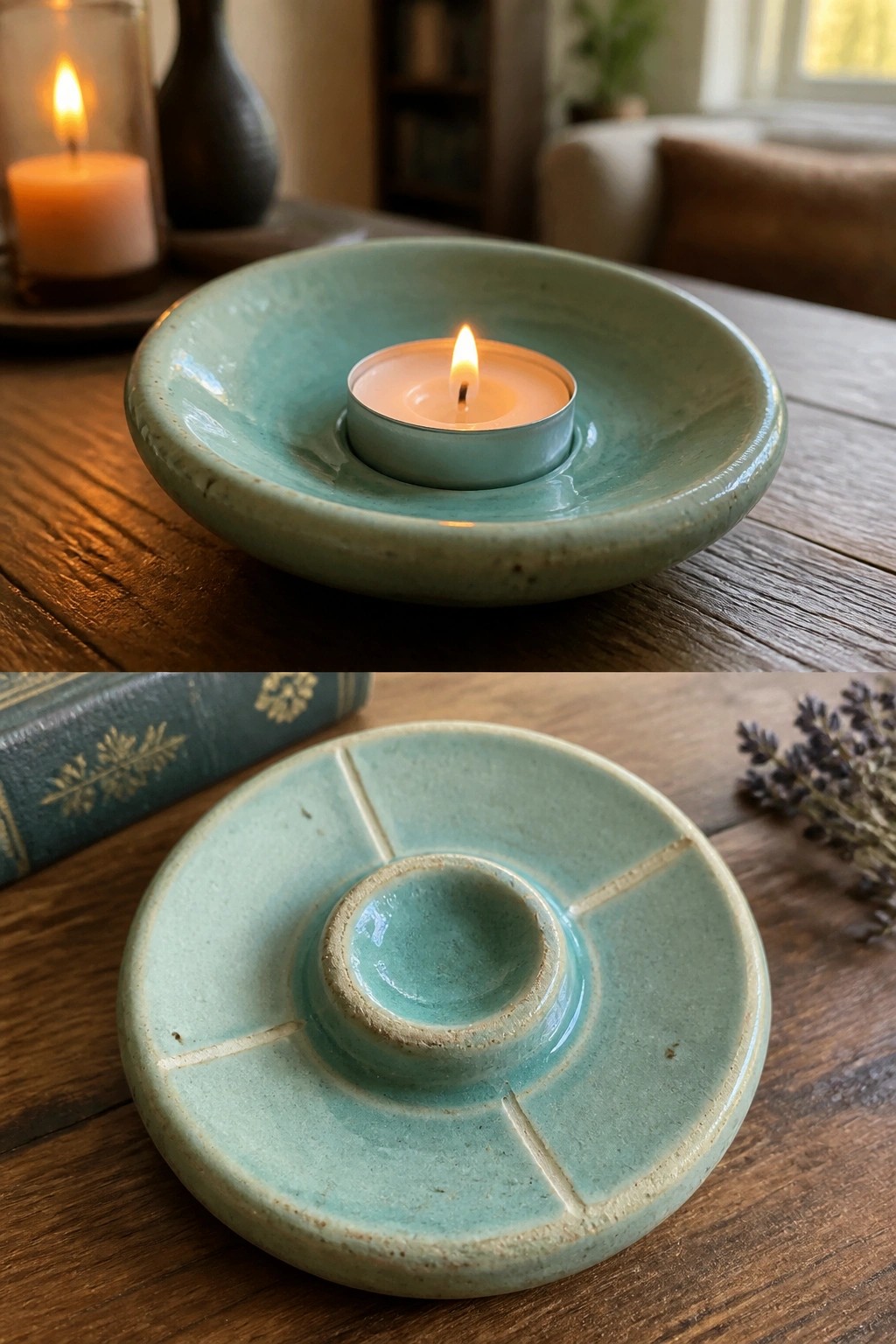 Turquoise ceramic candle holders on wood: one with lit tealight, one empty with central cup.