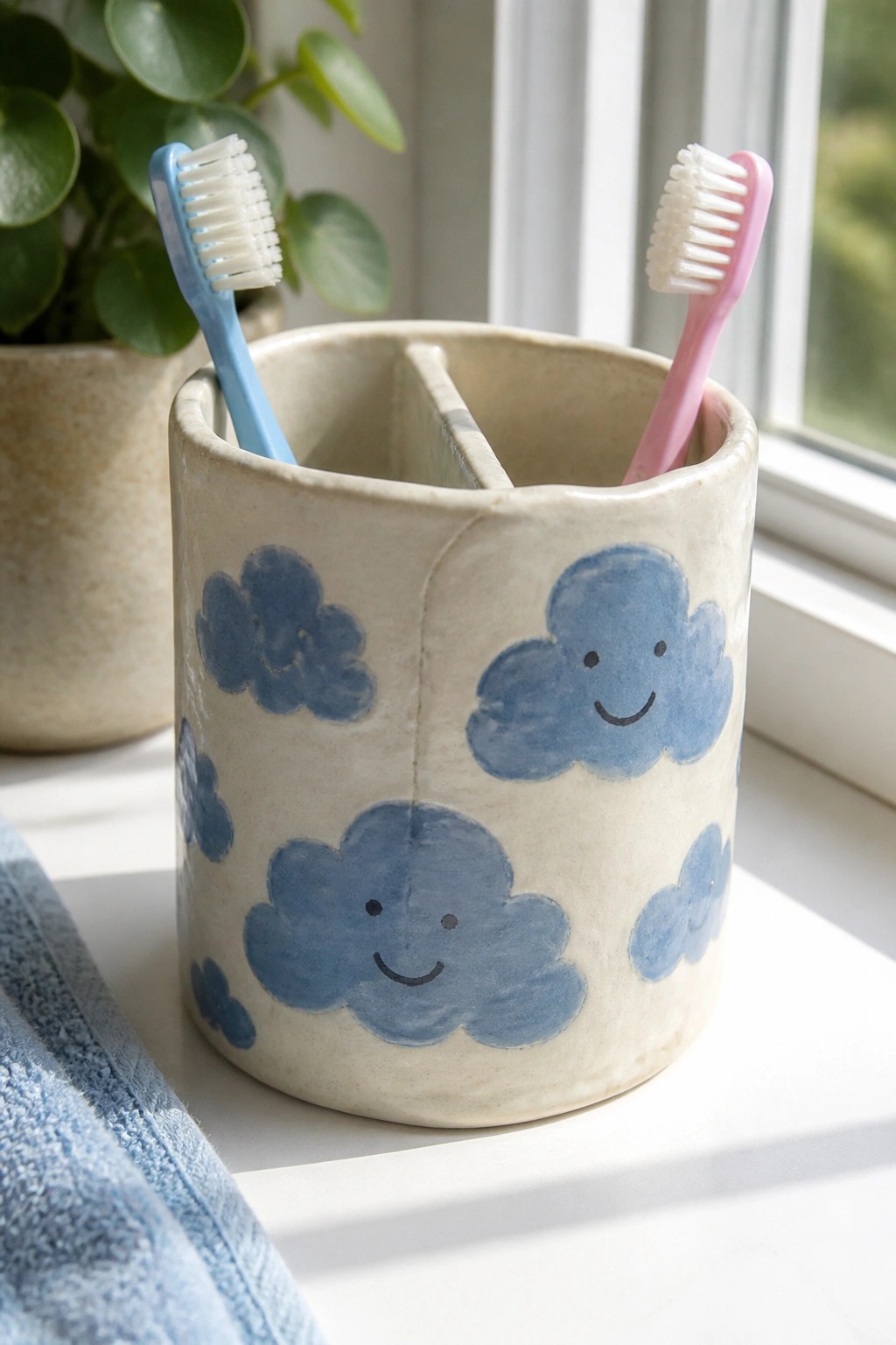 Ceramic holder with smiling blue clouds holding pink and blue toothbrushes on windowsill