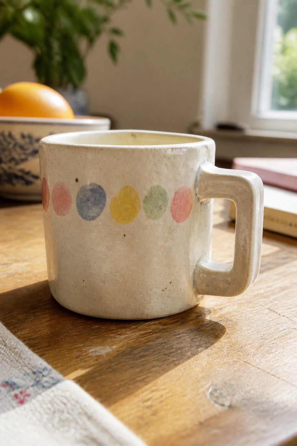 White ceramic mug with row of pastel dots on wooden table