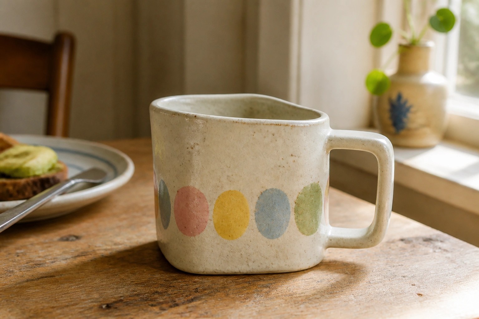 White ceramic mug with row of pastel dots on wooden table