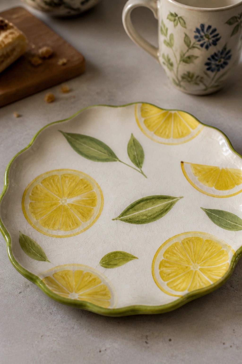 White scalloped plate with yellow lemon slices and green leaves beside floral mug.