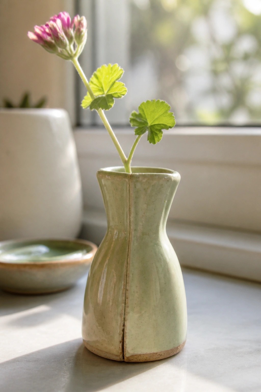 Pale green ceramic vase holding pink flower with round green leaves on windowsill.