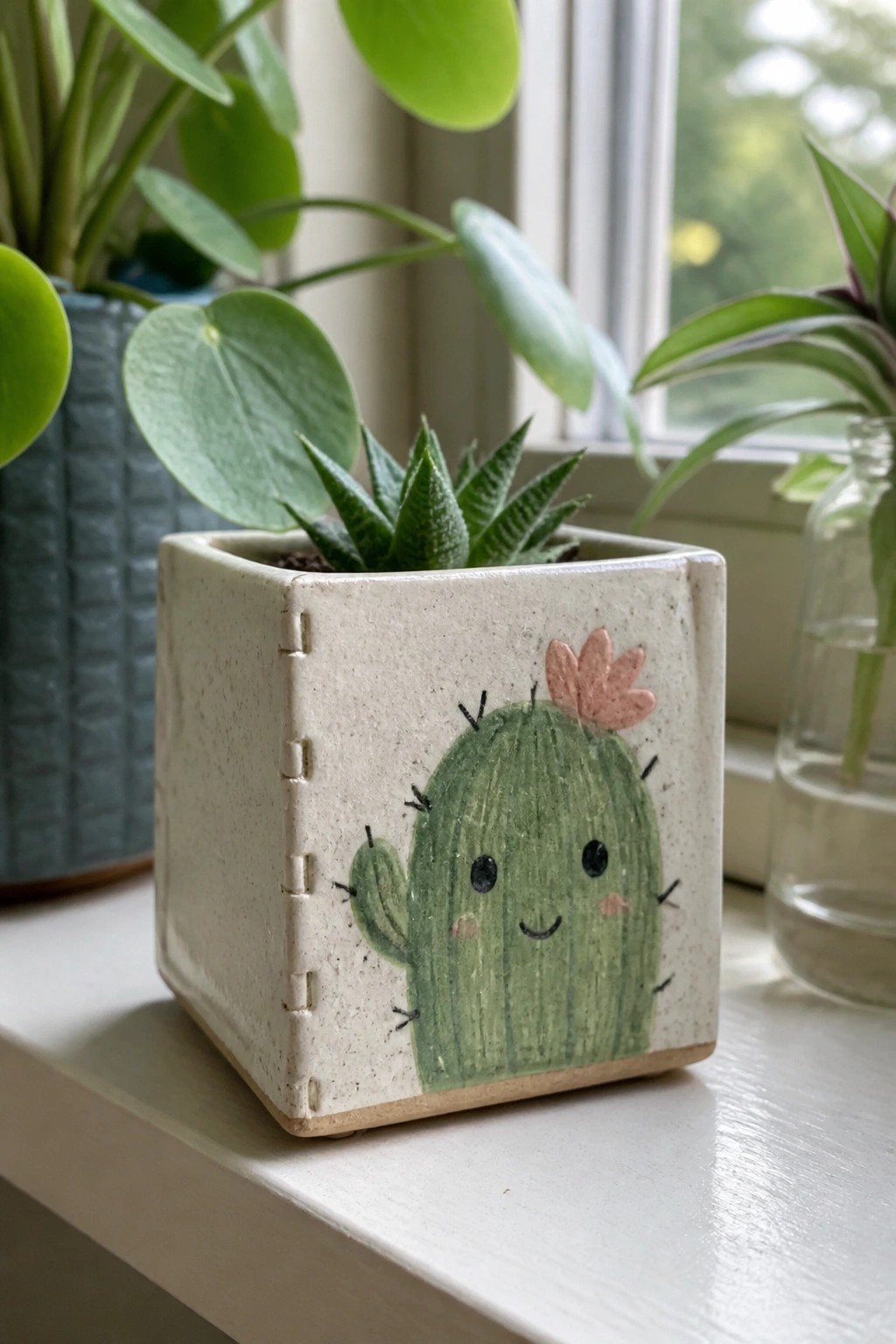 Square cream pot with smiling cactus illustration holding small green succulent on windowsill