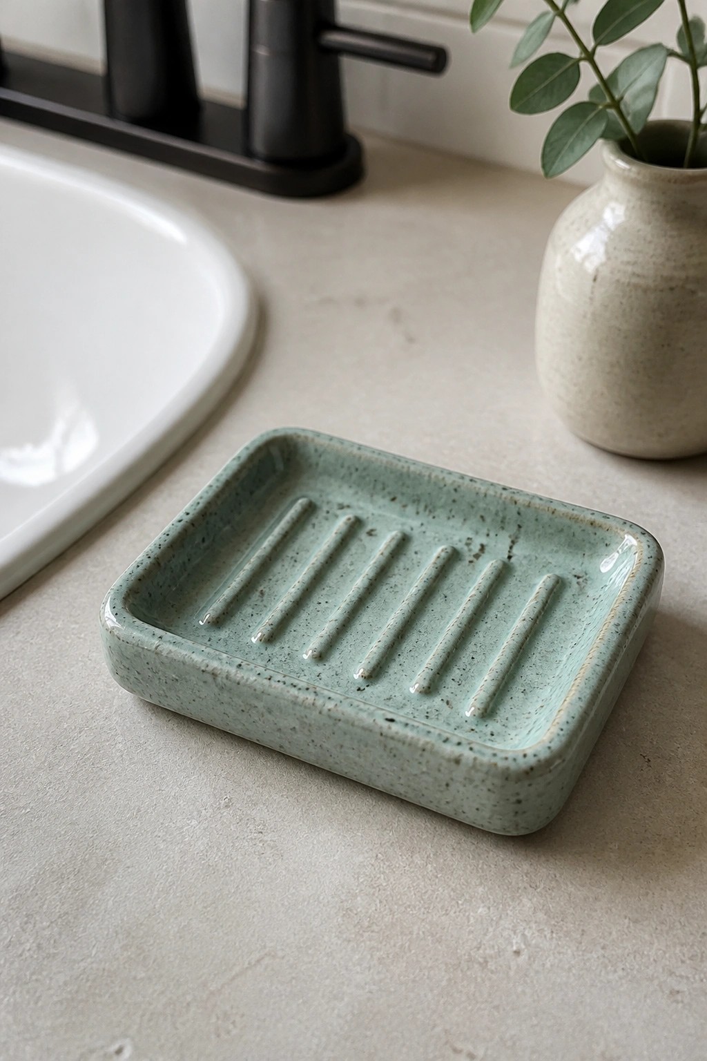 Light green speckled ceramic soap dish on marble countertop near white sink and black faucet