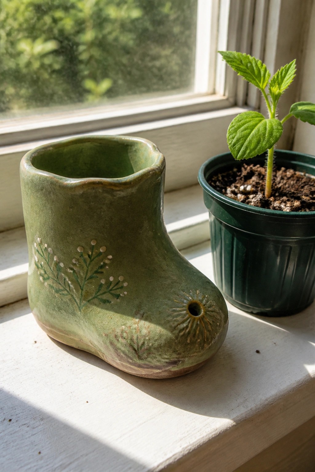 Green ceramic boot planter beside potted plant on sunny windowsill.