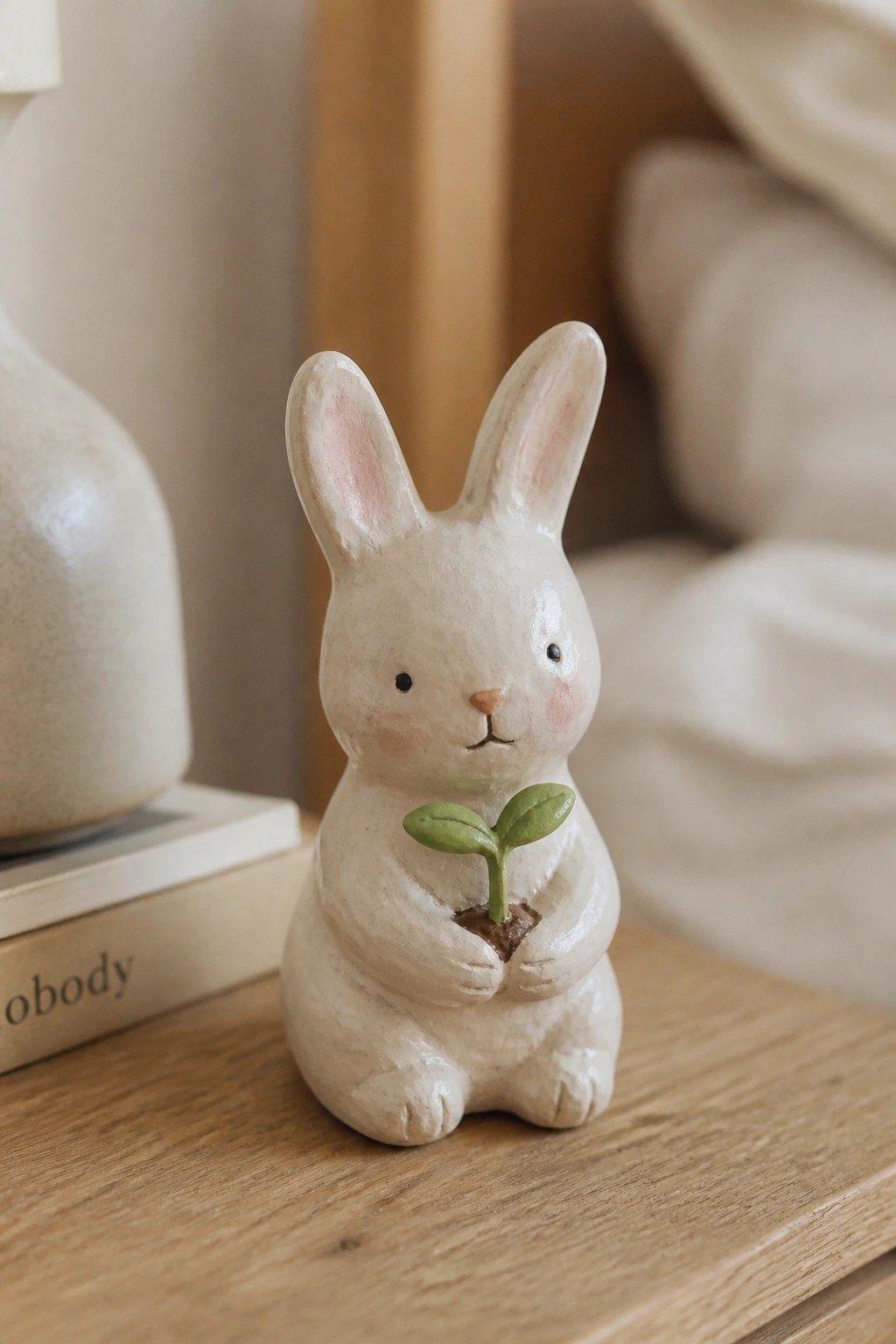 White ceramic bunny figurine holding green sprout on wooden table
