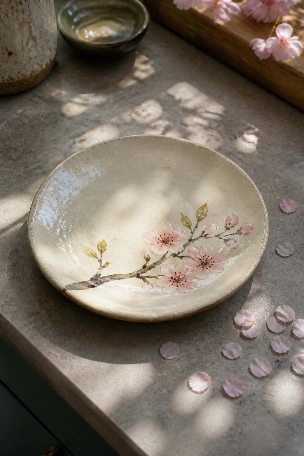 Ceramic bowl painted with cherry blossoms rests on sunlit surface amid scattered petals.