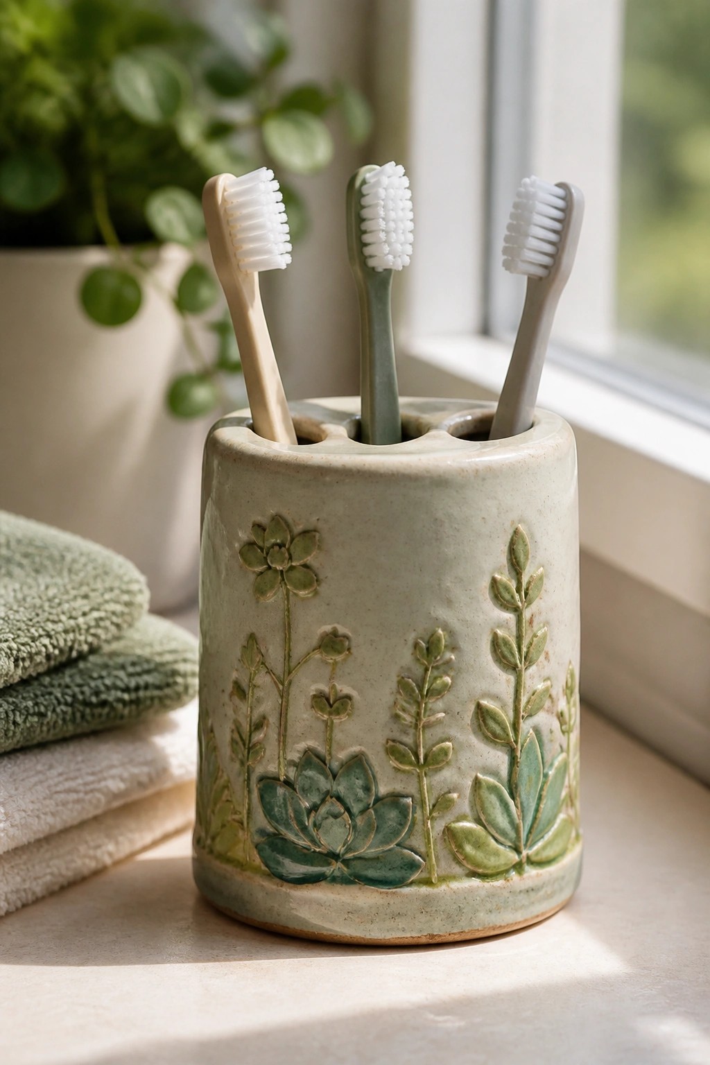 Ceramic holder with green plant motifs holding three toothbrushes near towels and window