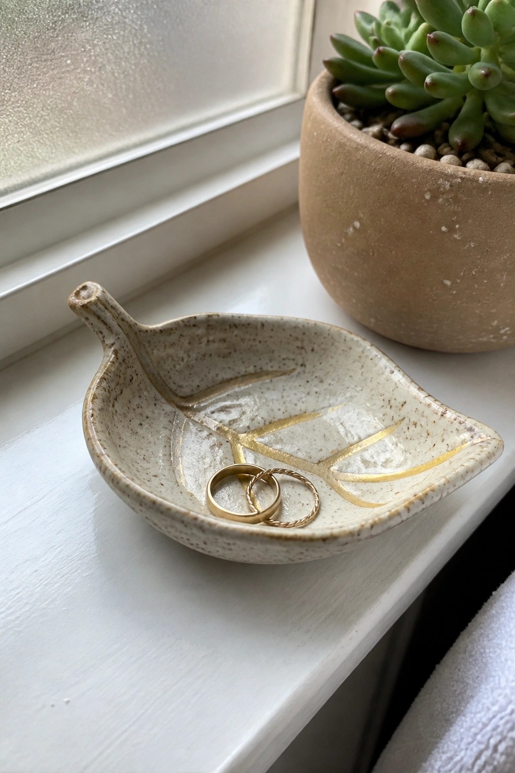 Ceramic leaf-shaped dish holding two gold rings beside potted succulent on white windowsill.