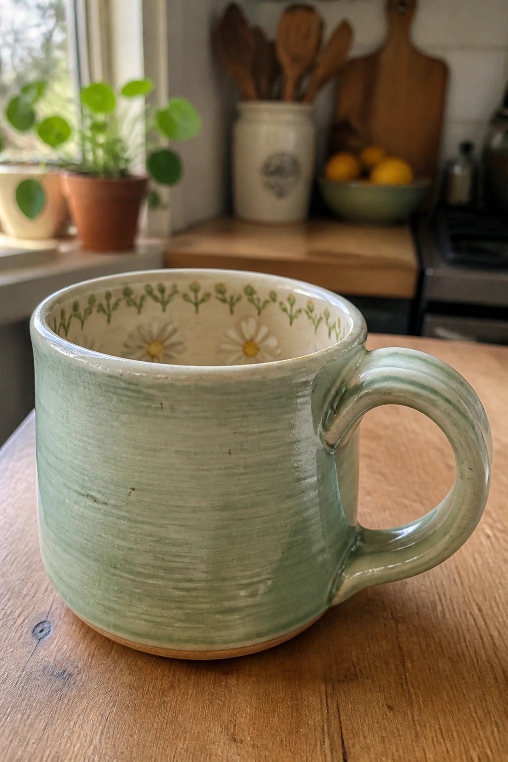 Light green ceramic mug with daisy pattern inside on wooden kitchen table