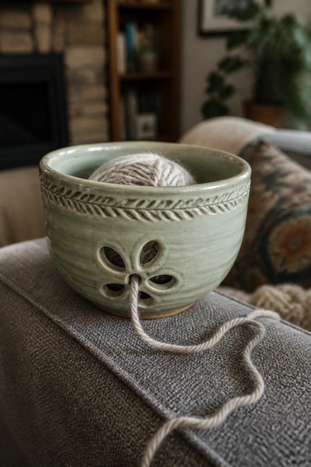 Light green ceramic yarn bowl with white yarn on gray fabric