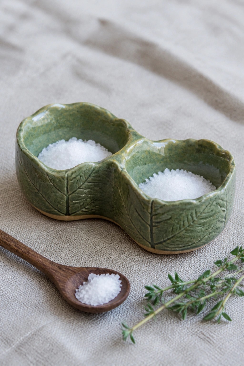 Green leaf-imprinted ceramic double bowl with salt, wooden spoon, and thyme on linen.