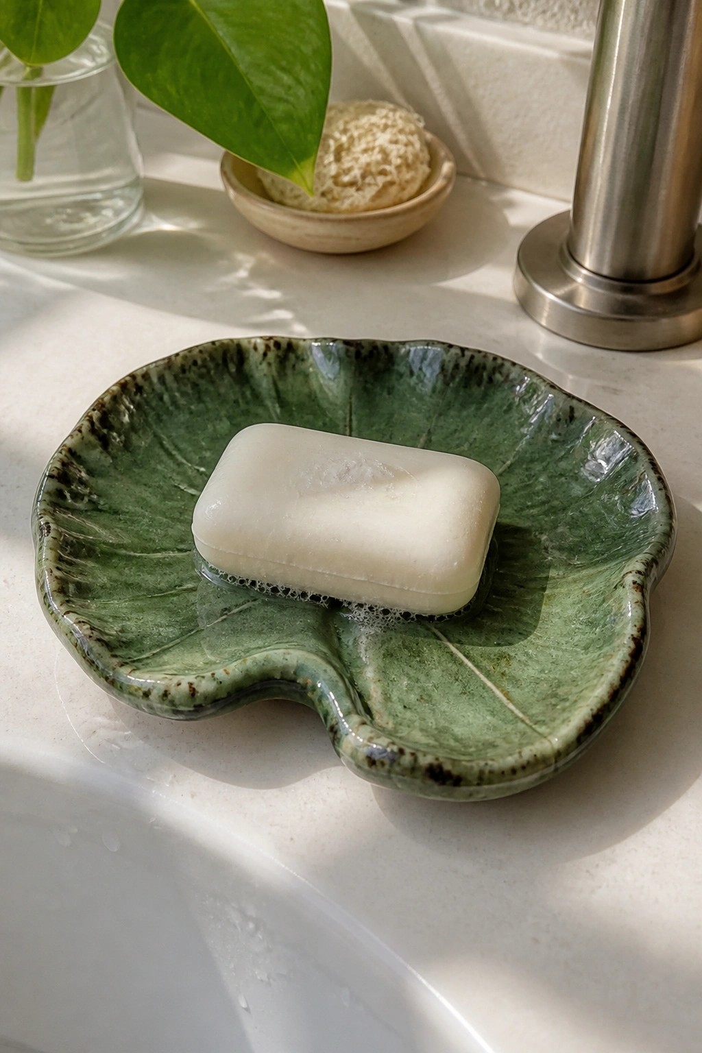 White soap bar in green leaf-shaped ceramic dish on white bathroom sink