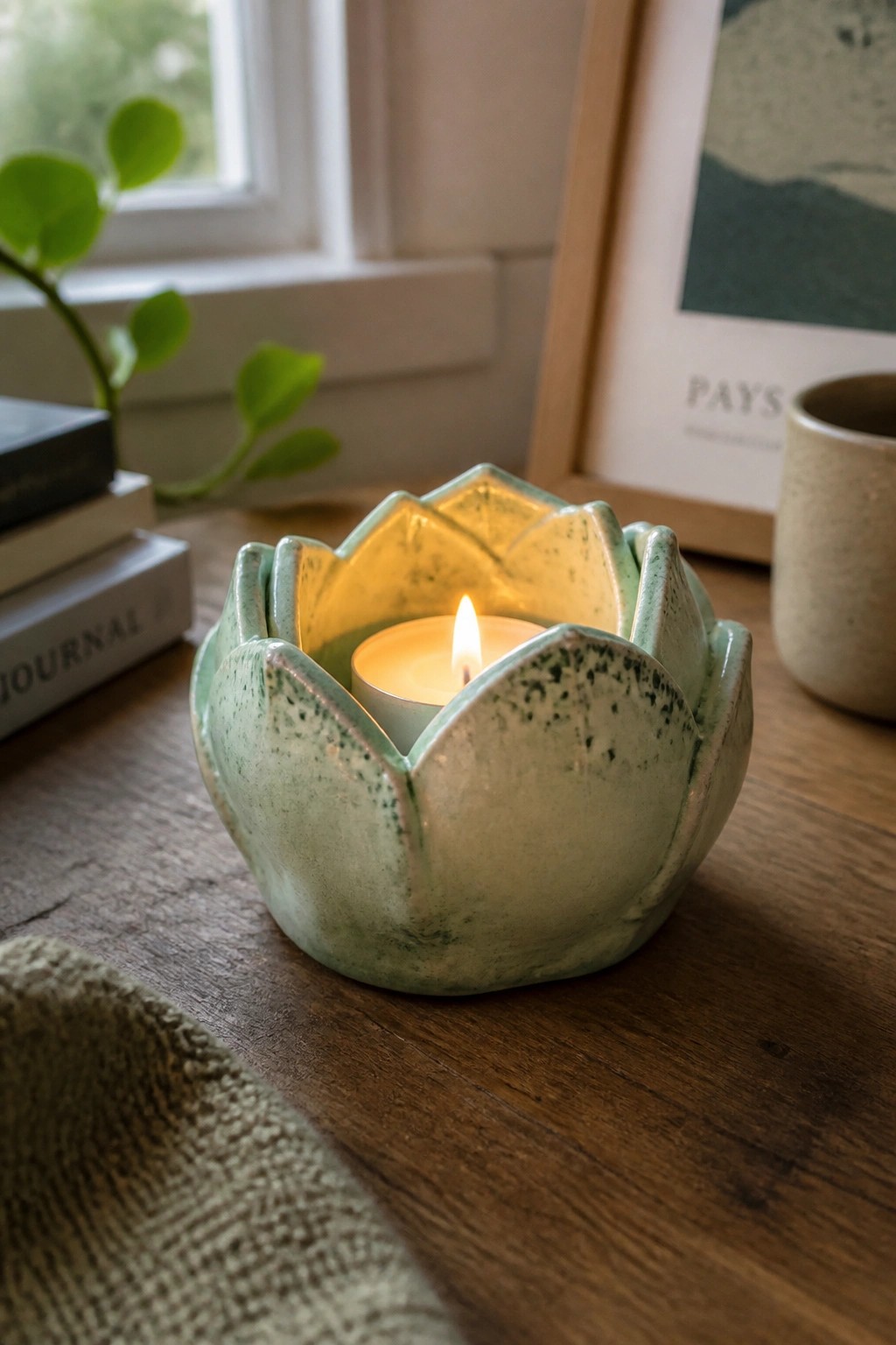 Lit candle in speckled green lotus-shaped ceramic holder on wooden table