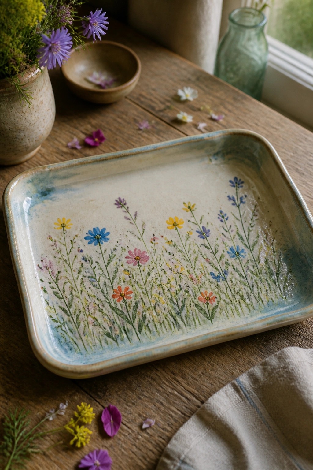 Ceramic tray with colorful wildflower meadow on rustic wooden table with flowers