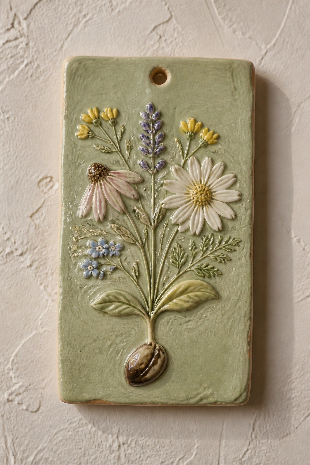 Sage-green ceramic tile with embossed wildflowers, leaves, and seed pod