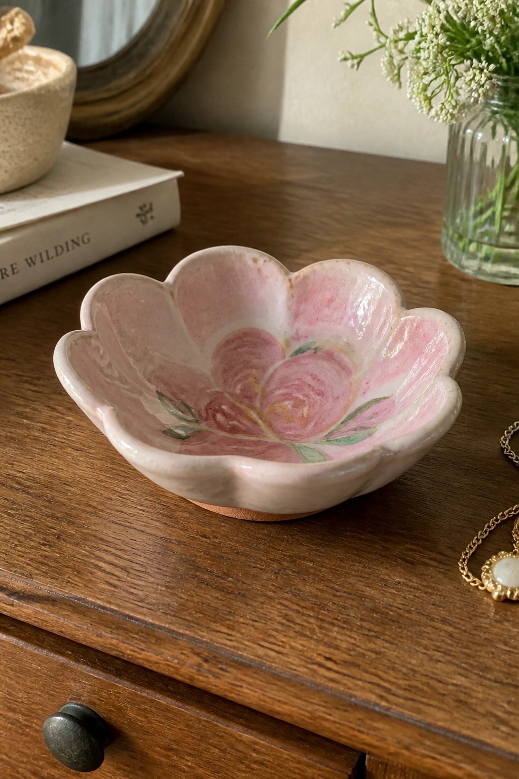 Pink scalloped ceramic bowl with painted rose on wooden dresser