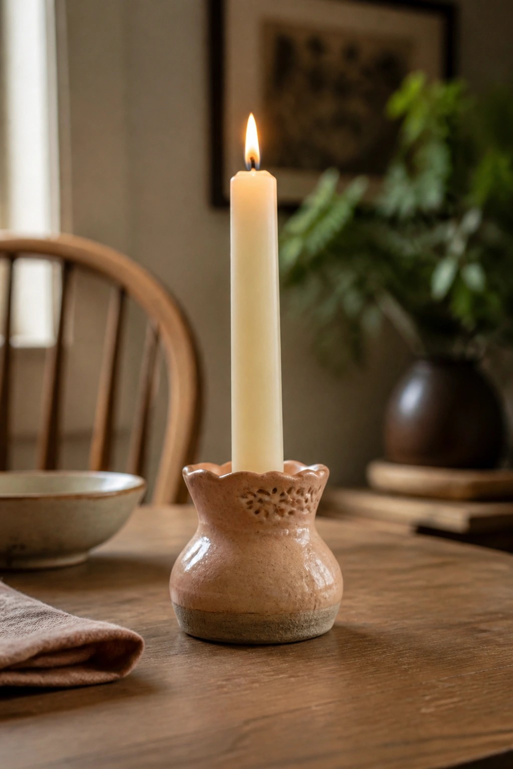 Lit white candle in scalloped pink ceramic holder on rustic wooden table