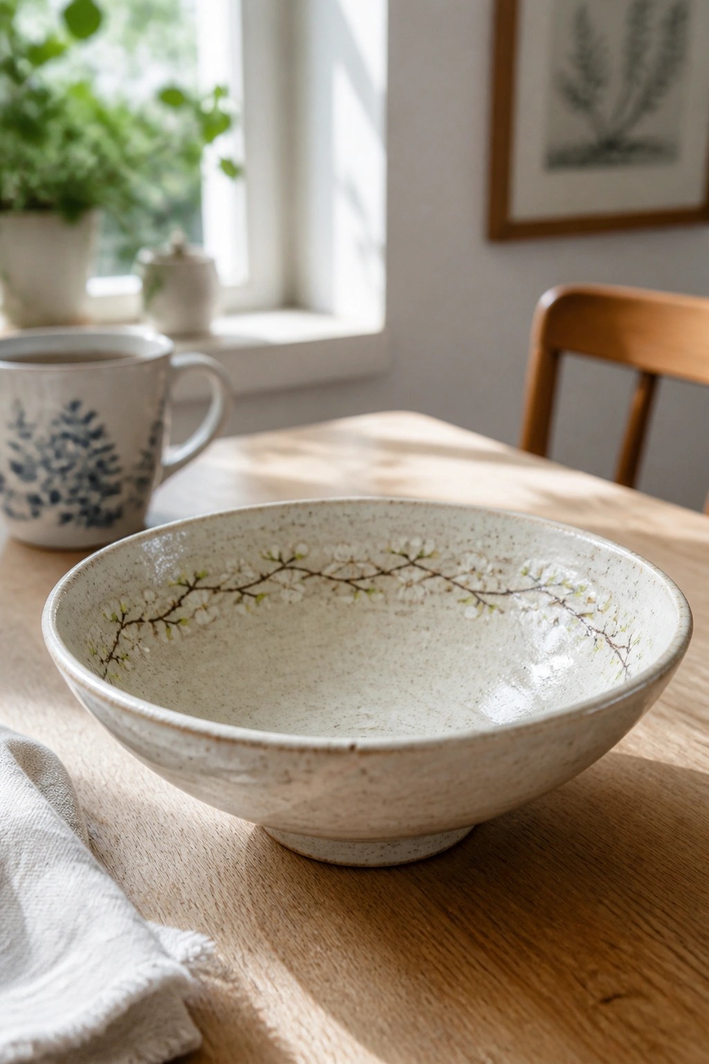 Cream-colored ceramic bowl with branch and blossom design on wooden table.