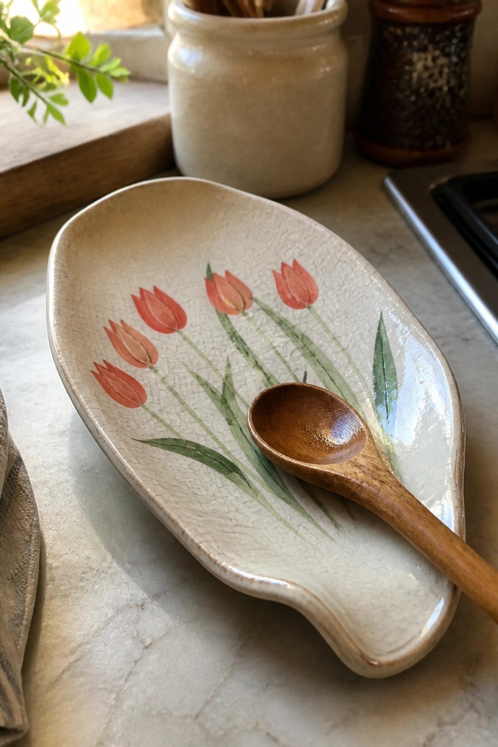 Ceramic dish with red tulips and wooden spoon on marble kitchen counter