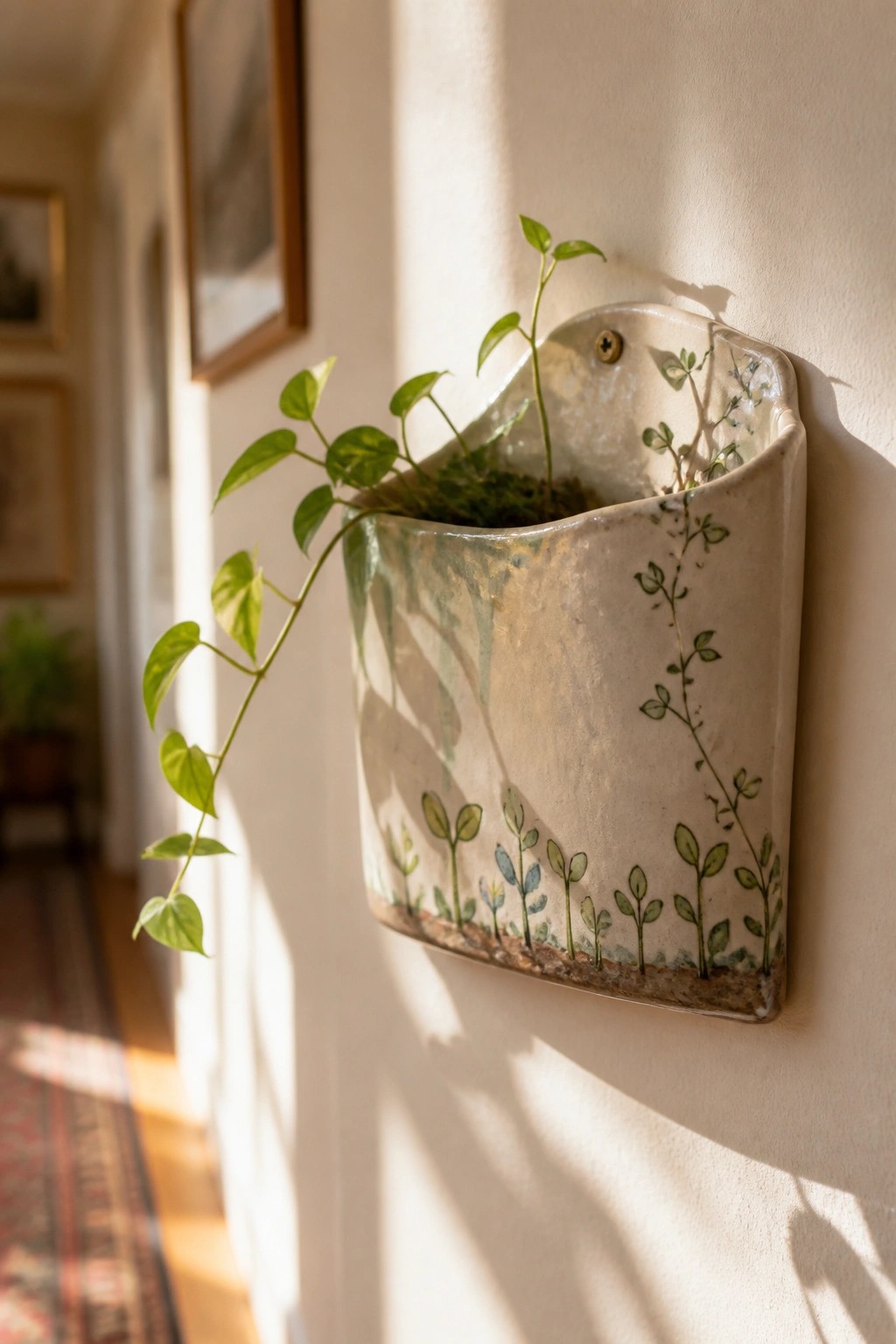 Ceramic wall planter with painted plants and trailing green vine in sunlight