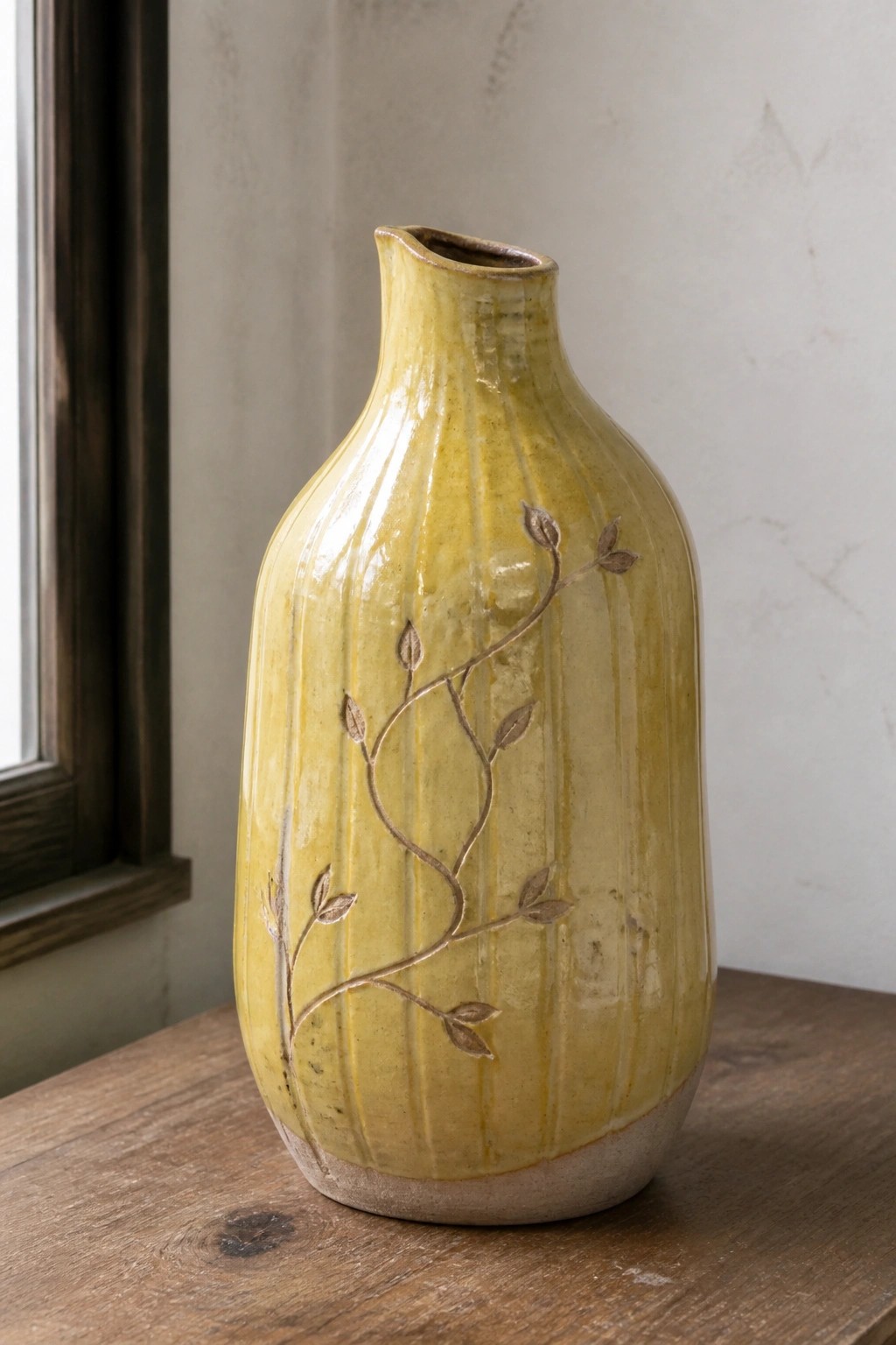 Yellow ceramic vase with etched vine and leaf design on wooden table