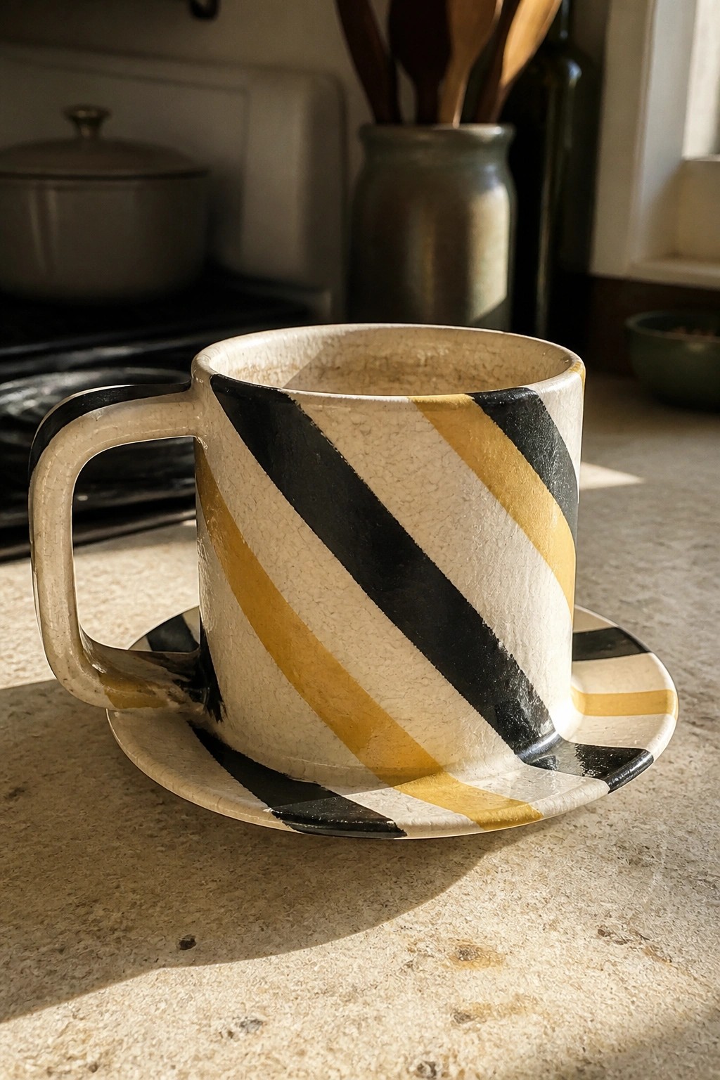 White ceramic mug with black and yellow diagonal stripes on saucer