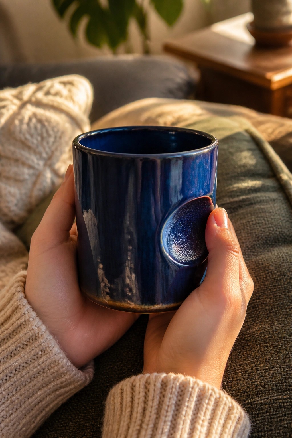 Hands in beige knit sweater holding glossy dark blue ceramic mug with thumb rest.