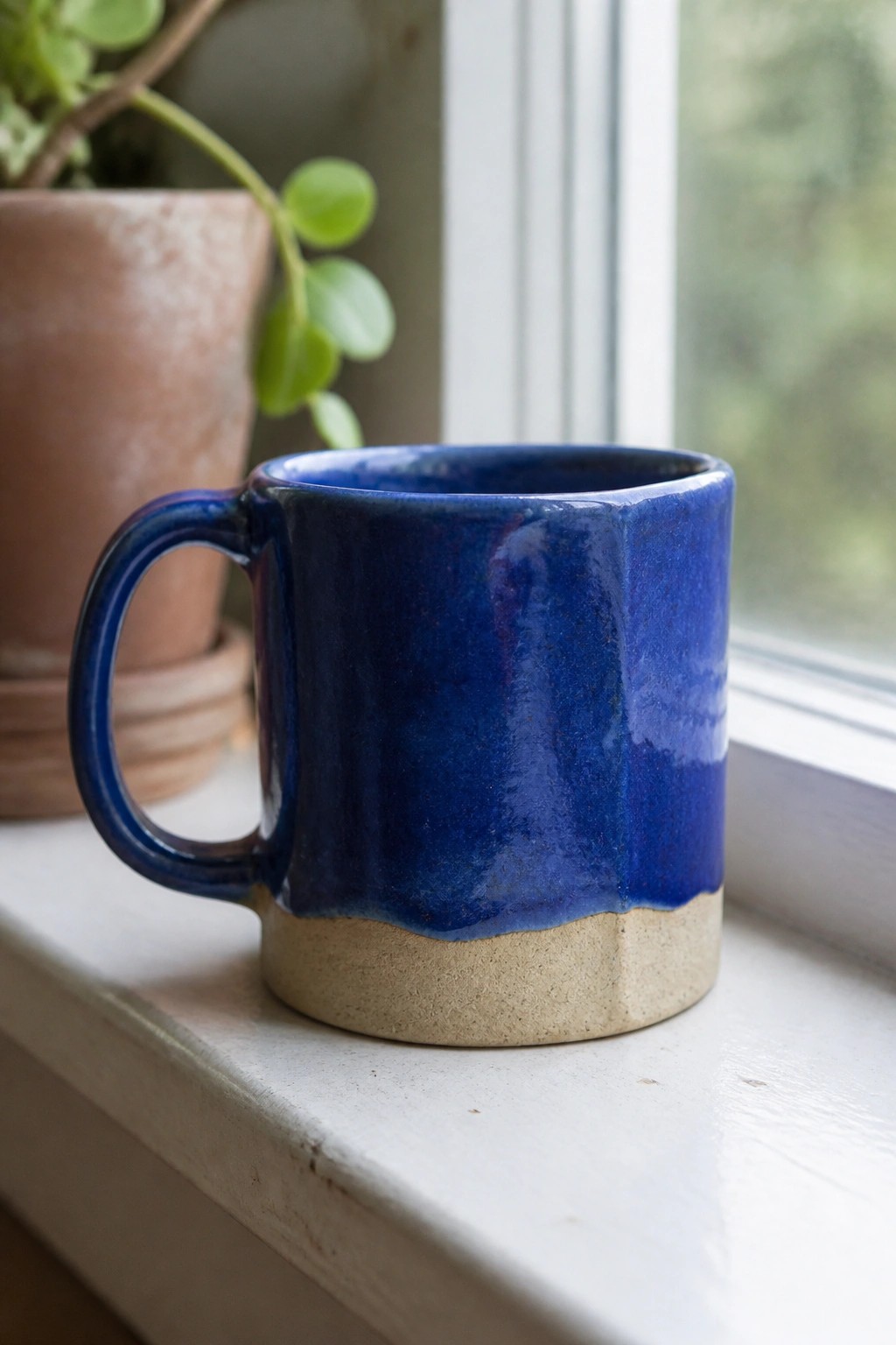 Blue ceramic mug with beige base on white windowsill near green plant