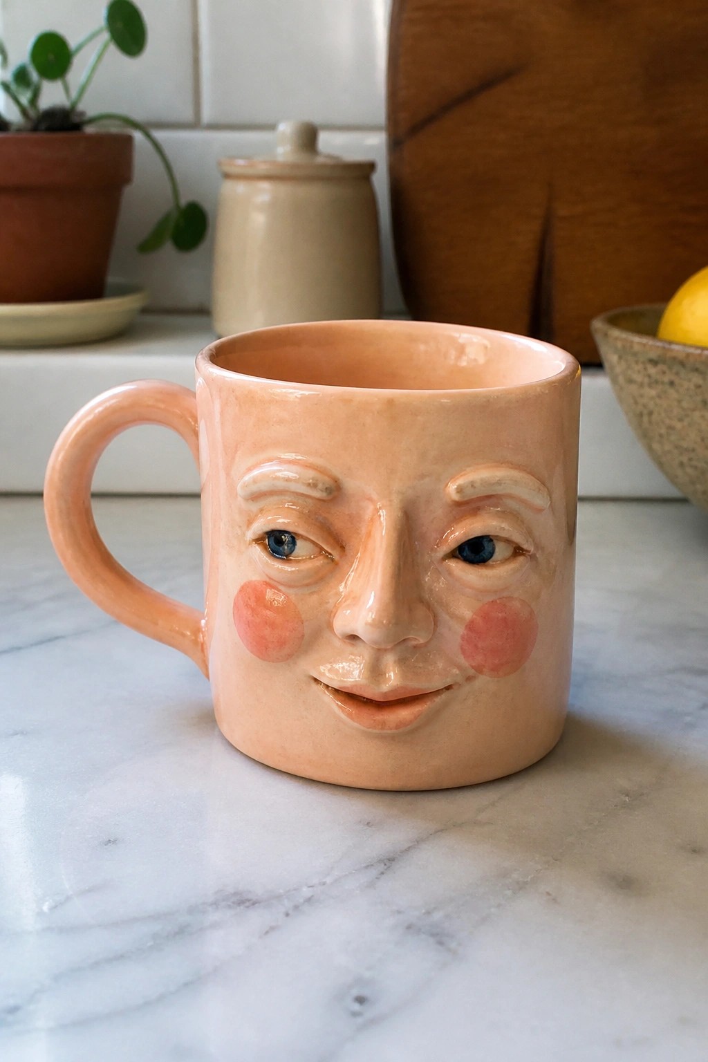 Peach ceramic face mug with blue eyes and pink cheeks on marble countertop