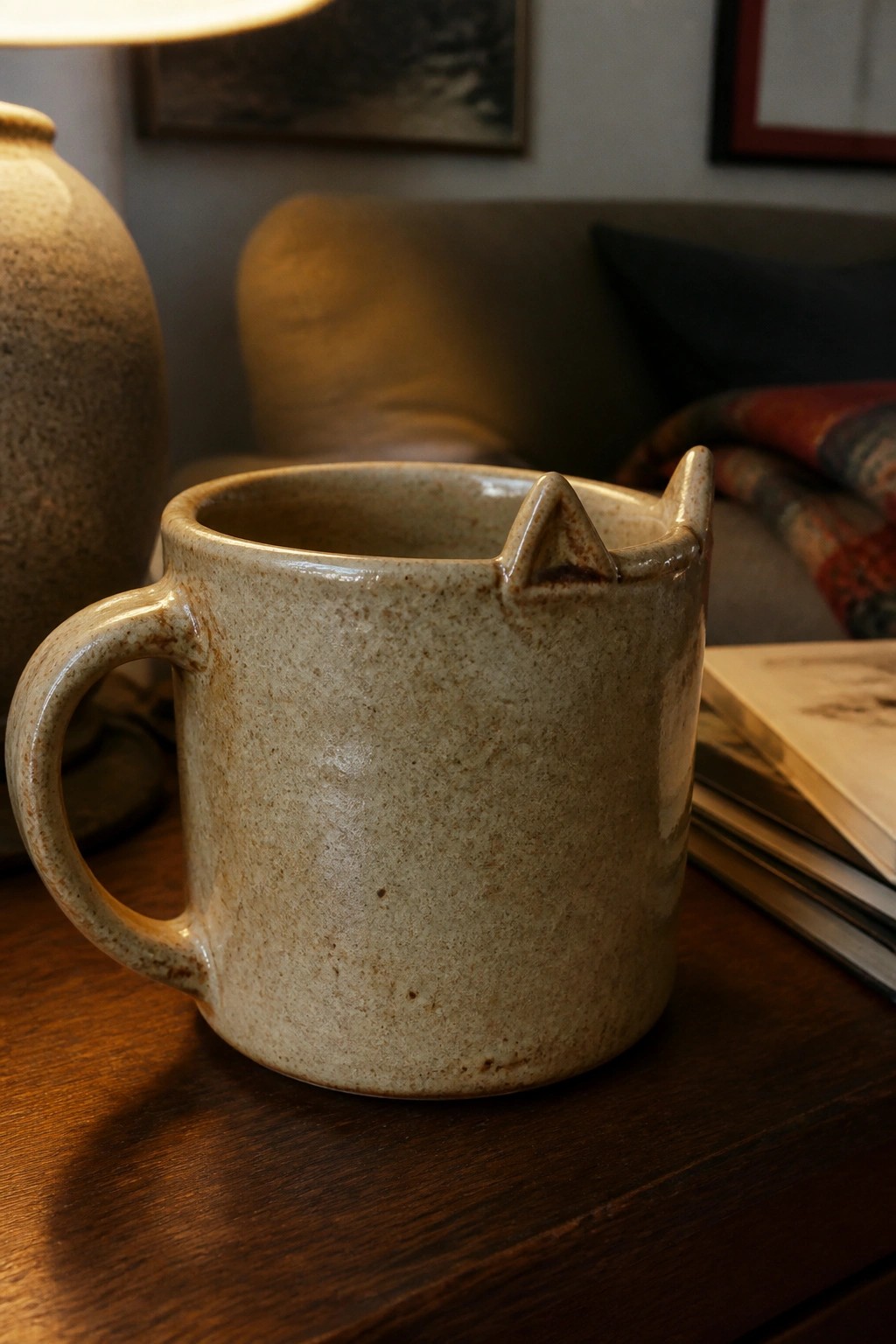 Speckled ceramic mug with handle and notched rim on wooden table