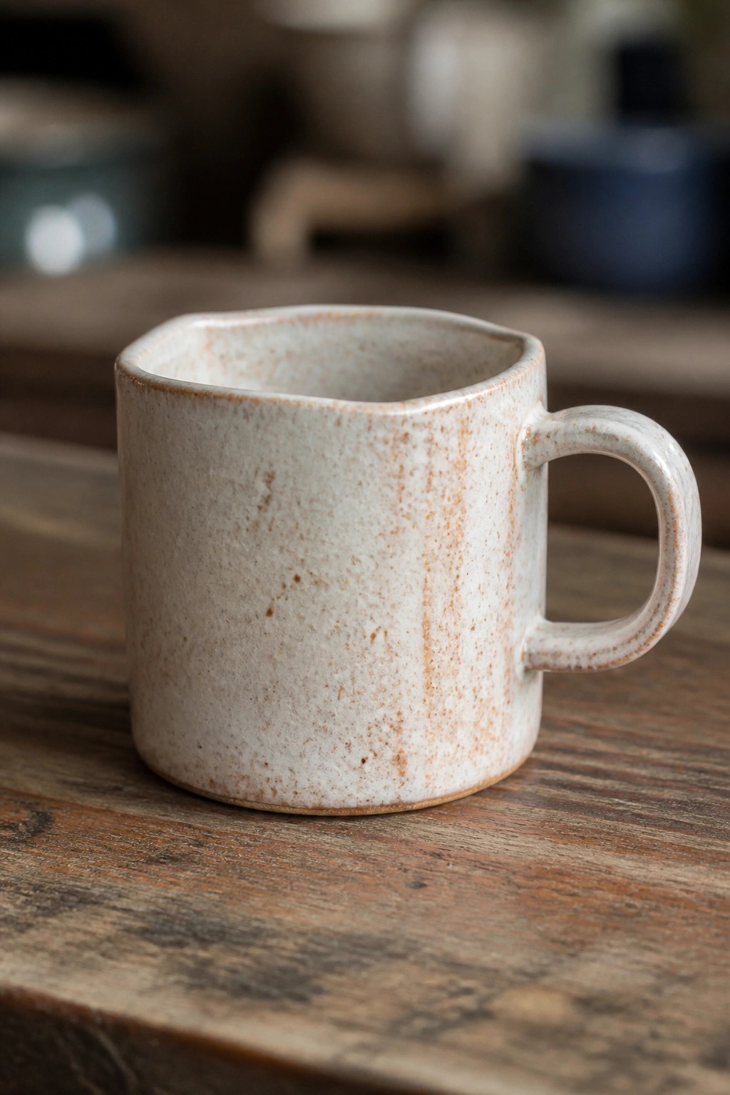 Speckled beige ceramic mug with handle on rustic wooden table surface