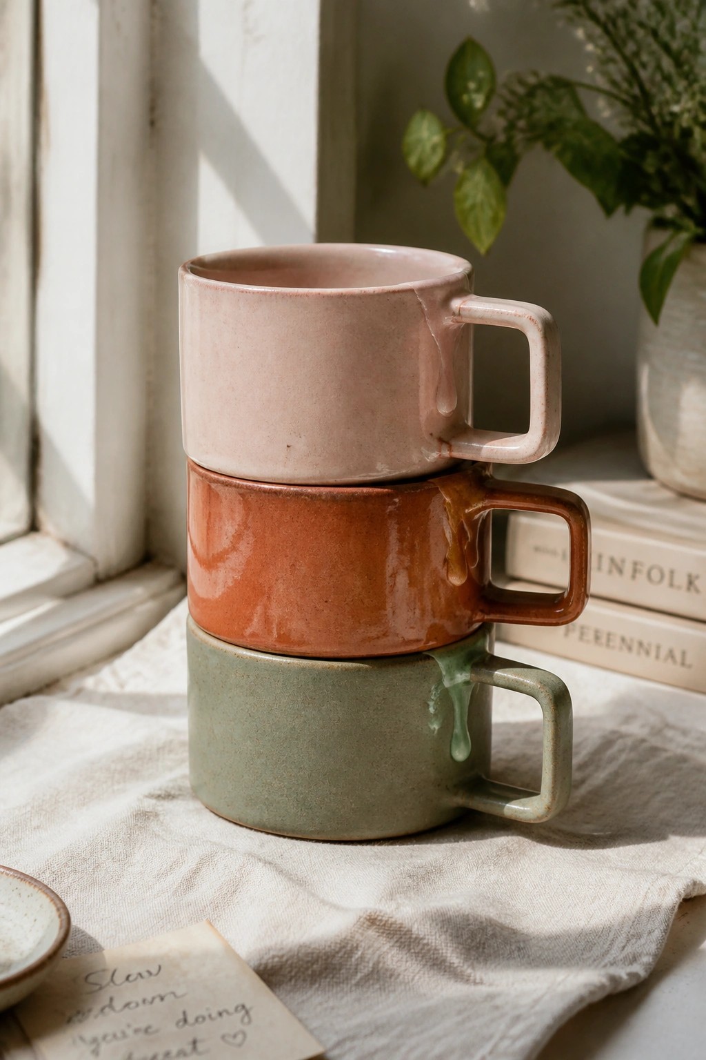 Three stacked ceramic mugs in pink, orange, and green with dripping glaze on white cloth.
