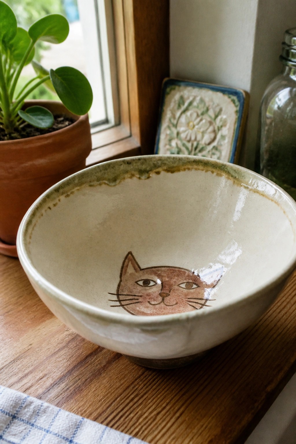 Ceramic bowl with cat face on wooden windowsill beside potted plant and tile
