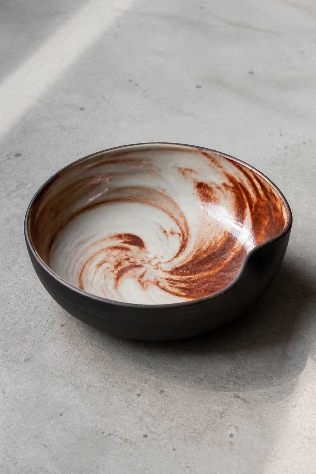 Dark ceramic bowl with swirling white and rust-brown marbled glaze on concrete.