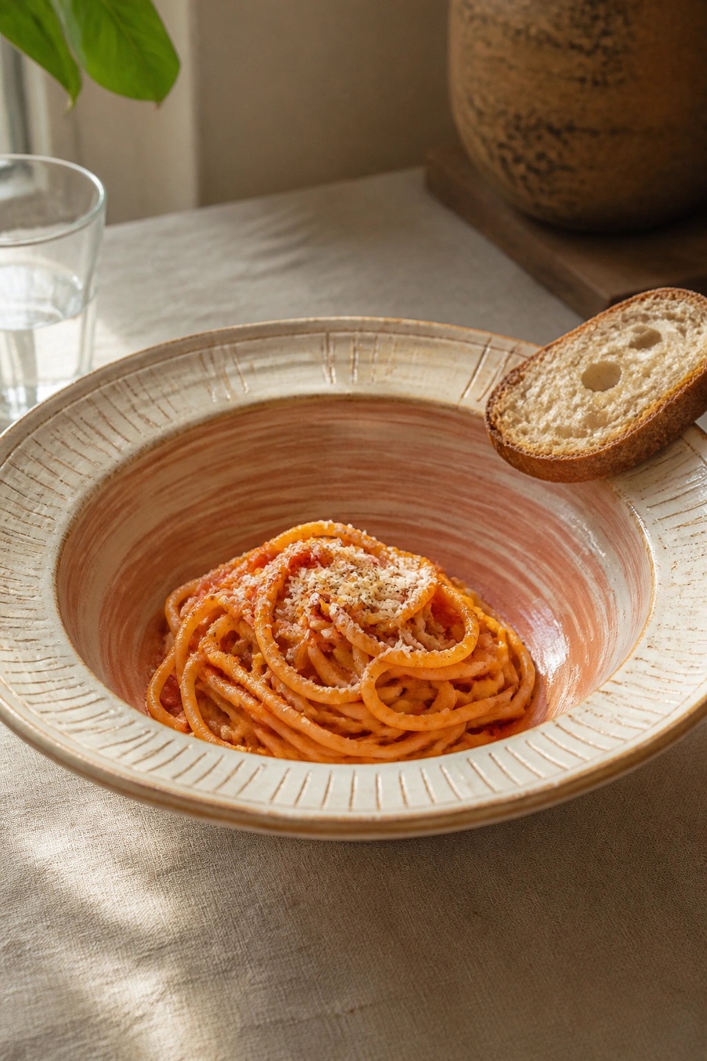 Ceramic bowl of tomato-sauced spaghetti with cheese, bread slice on rim near water glass