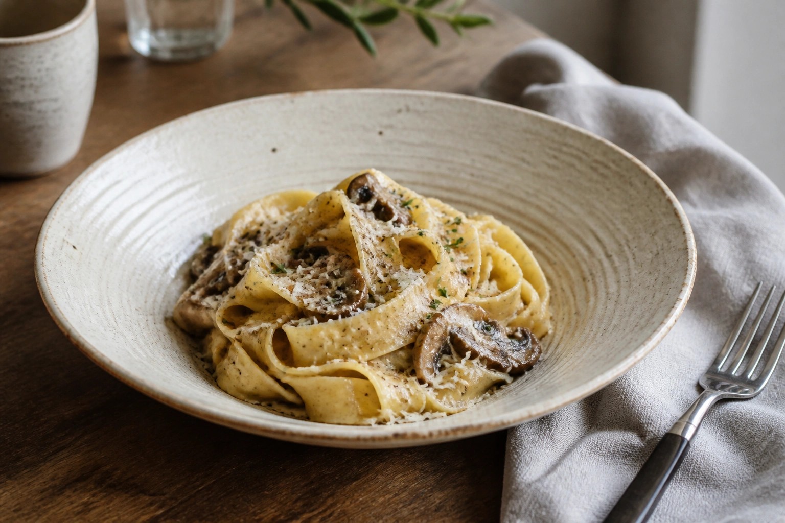 Mushroom pasta with cheese in a rustic white bowl on a wooden table