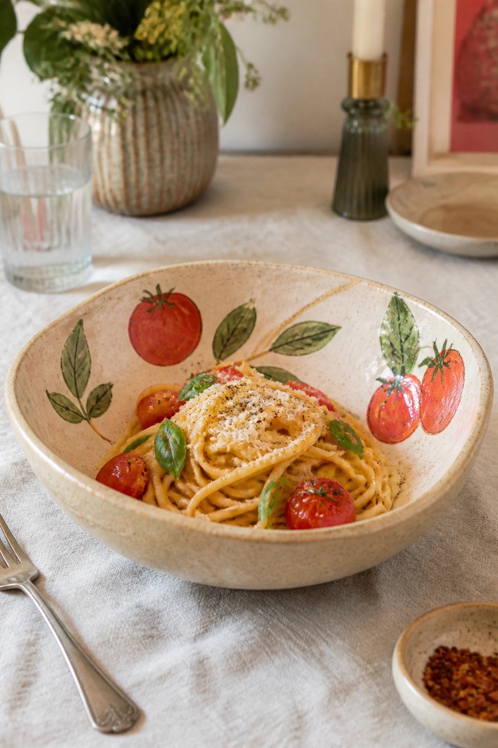 Creamy spaghetti with cherry tomatoes, basil, and cheese in a painted bowl.