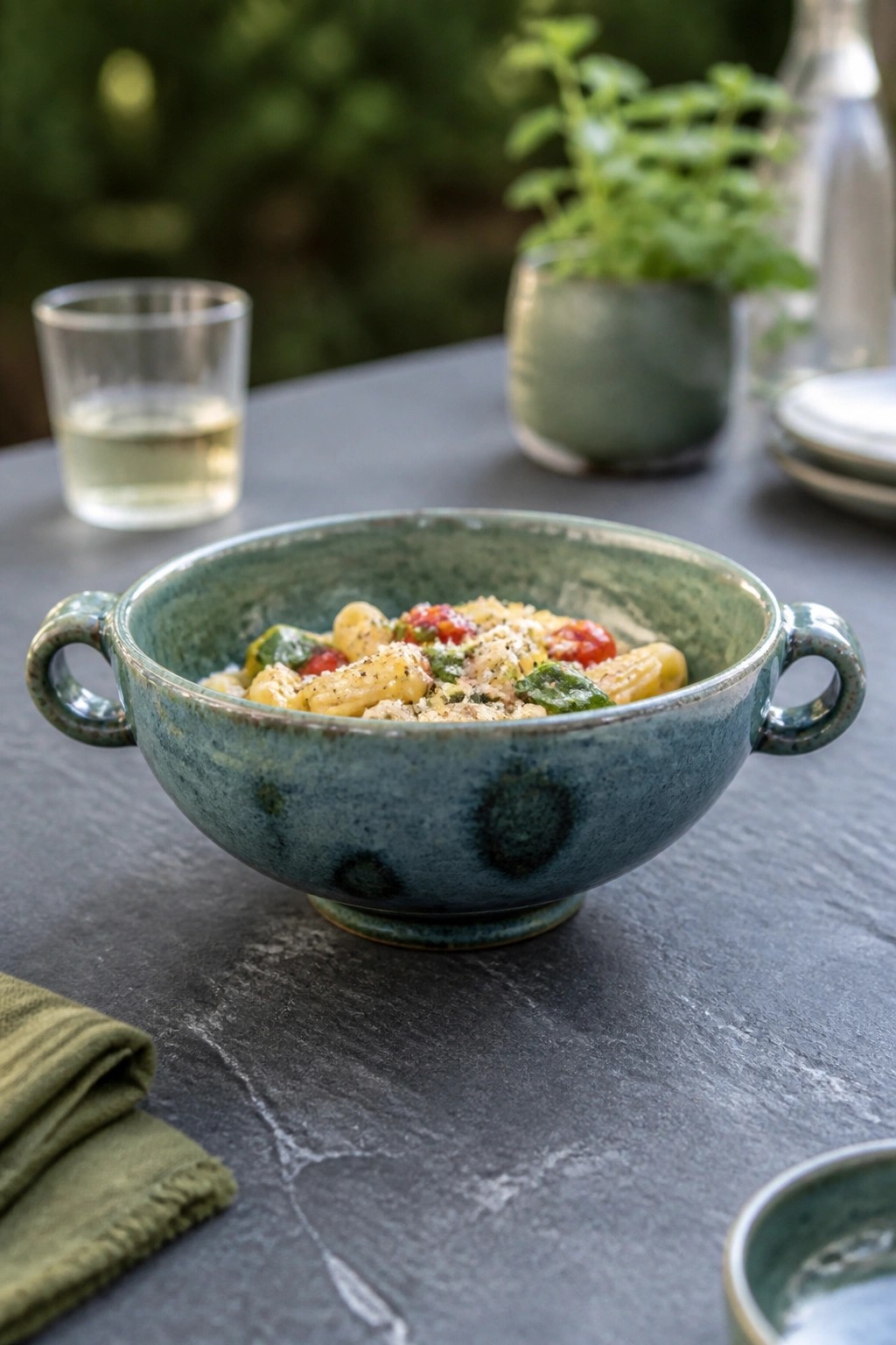 Blue-green ceramic bowl of pasta with tomatoes and greens on dark table