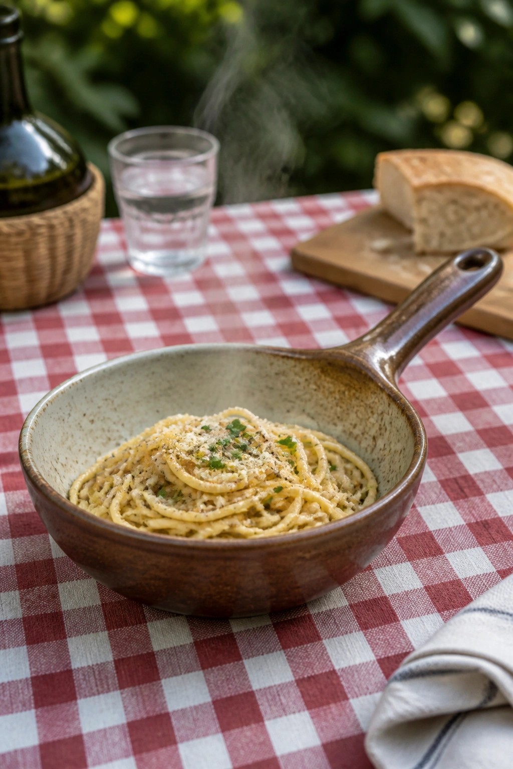Steaming spaghetti with cheese and herbs in brown bowl on red checkered tablecloth