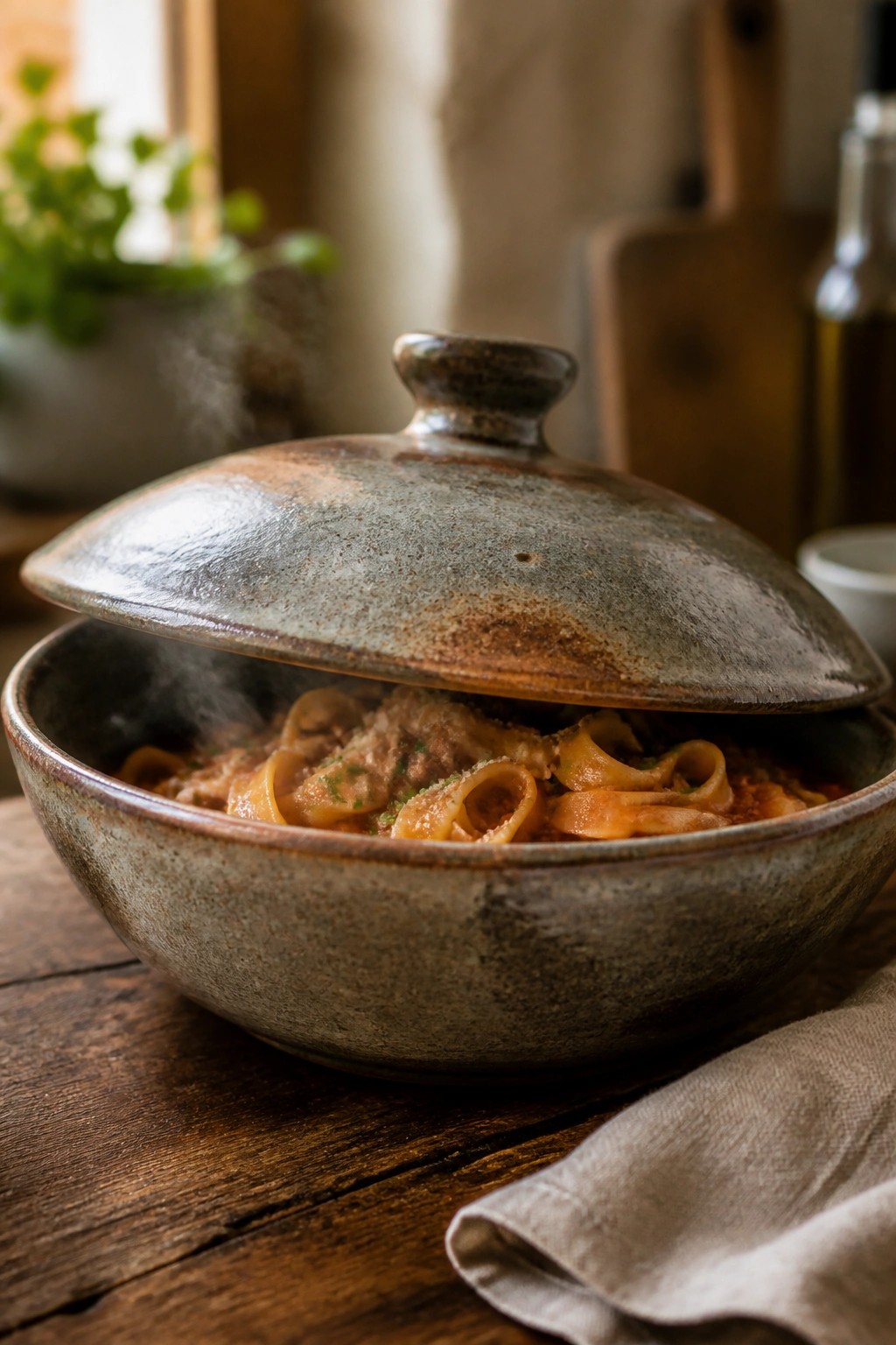 A large handmade ceramic bowl with a lid rests on a wooden table, filled with pasta and showing steam.