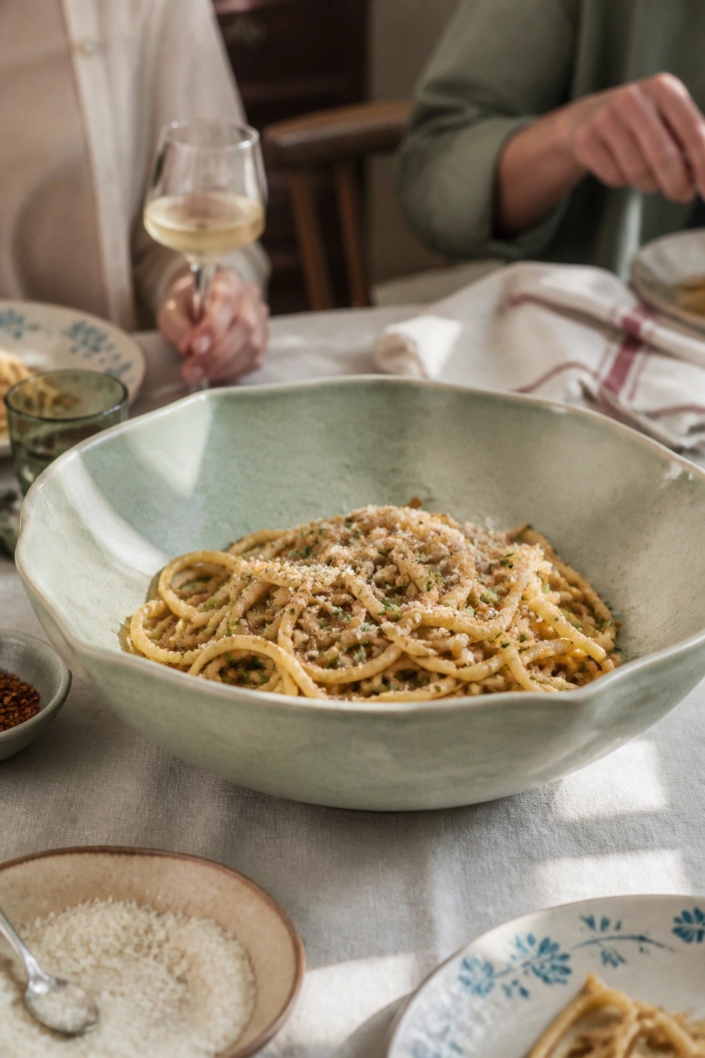 Bowl of spaghetti with cheese in green ceramic dish on dining table with wine glass