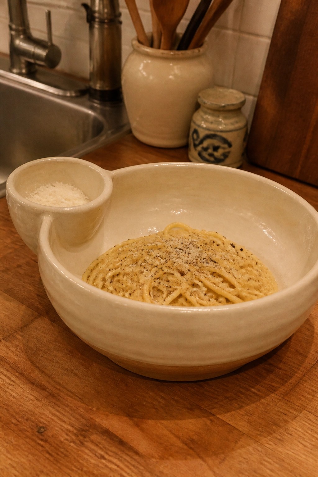Creamy spaghetti in a ceramic bowl with side cup of grated cheese on wood counter