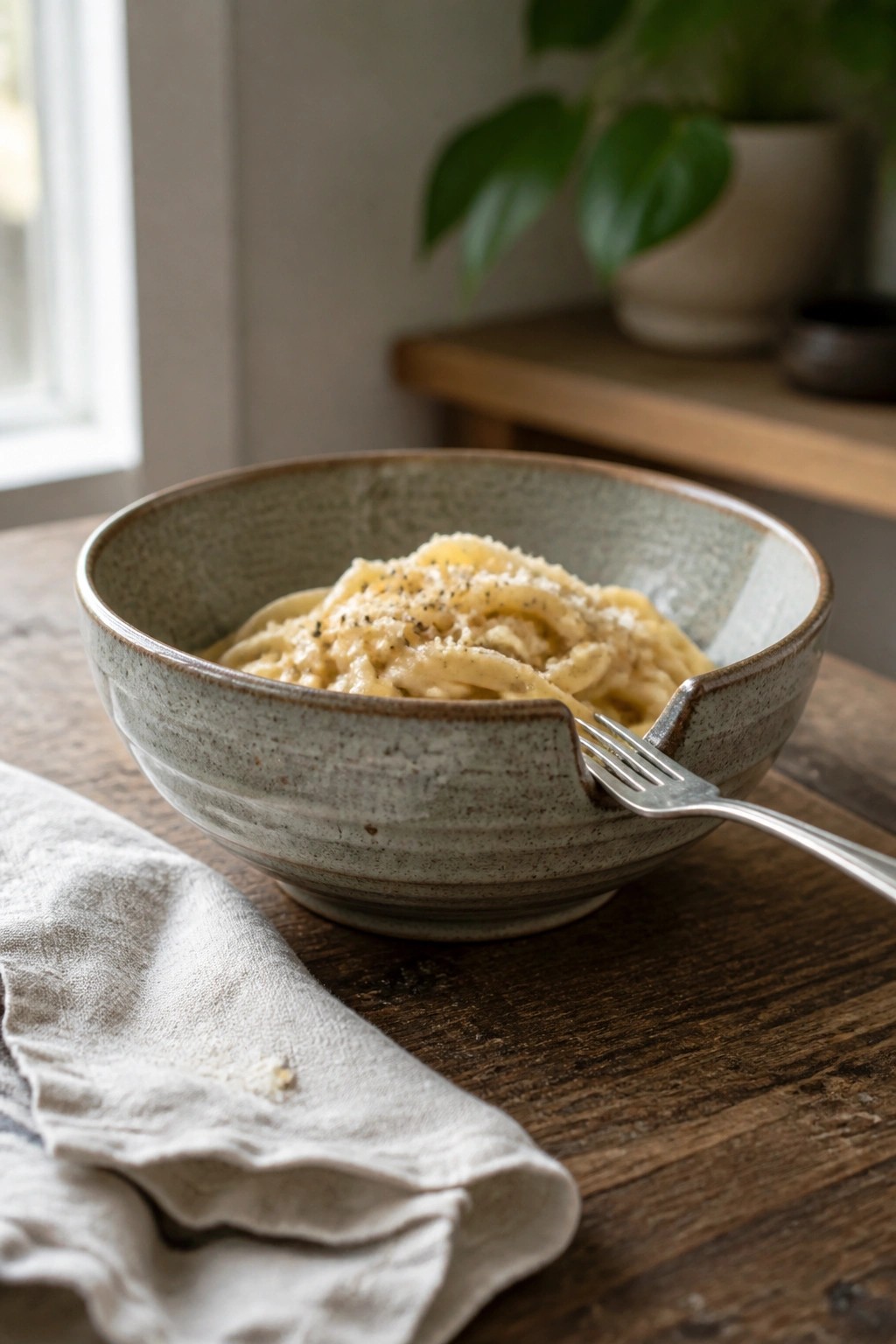 Creamy pasta in a speckled ceramic bowl with fork on wooden table beside napkin.