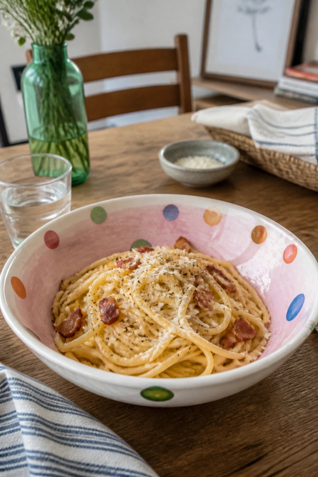 A ceramic bowl with pink background and colorful polka dots filled with spaghetti and bacon, sitting on a wooden table.