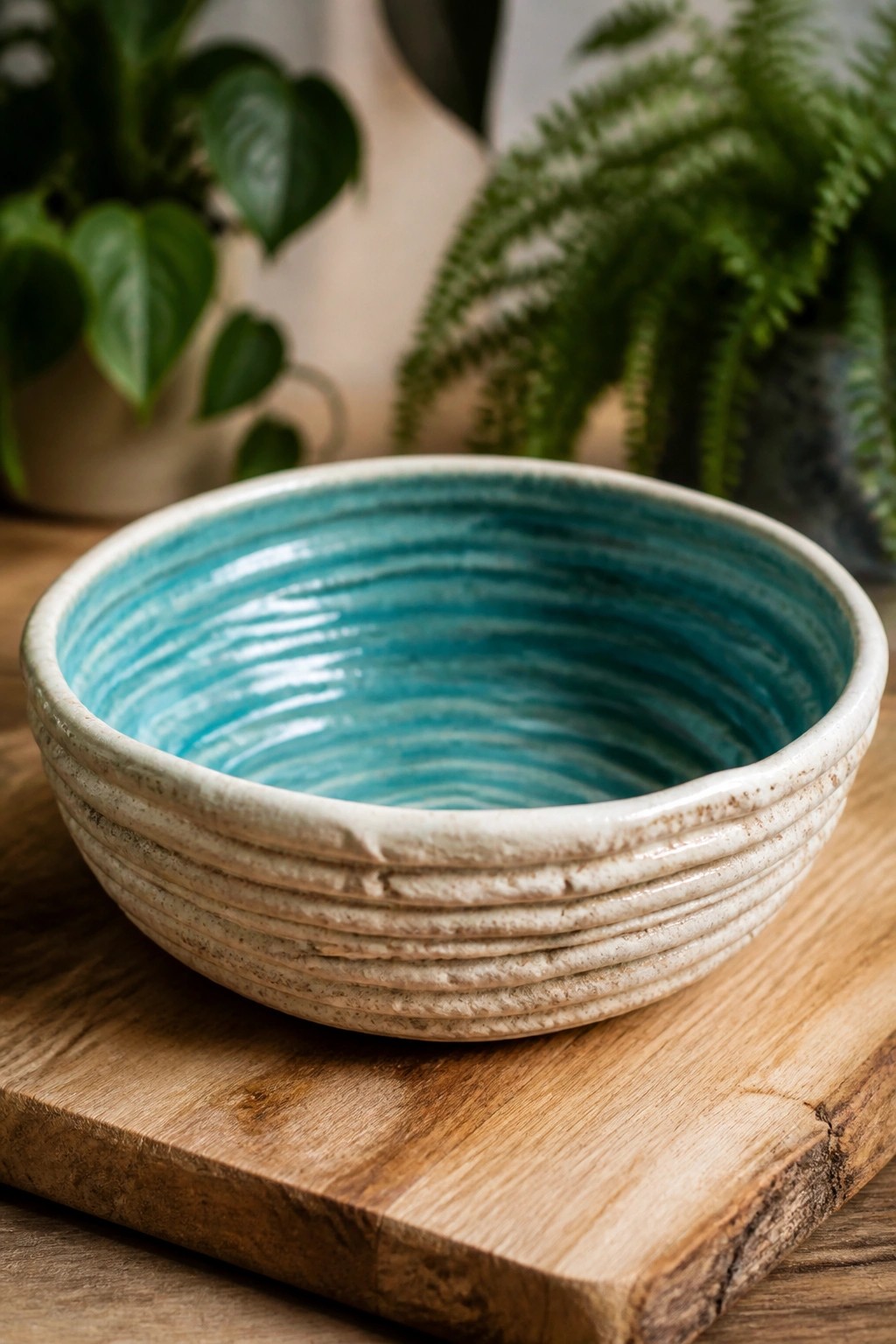 Ceramic bowl with turquoise blue glaze and ridged beige exterior on wooden board
