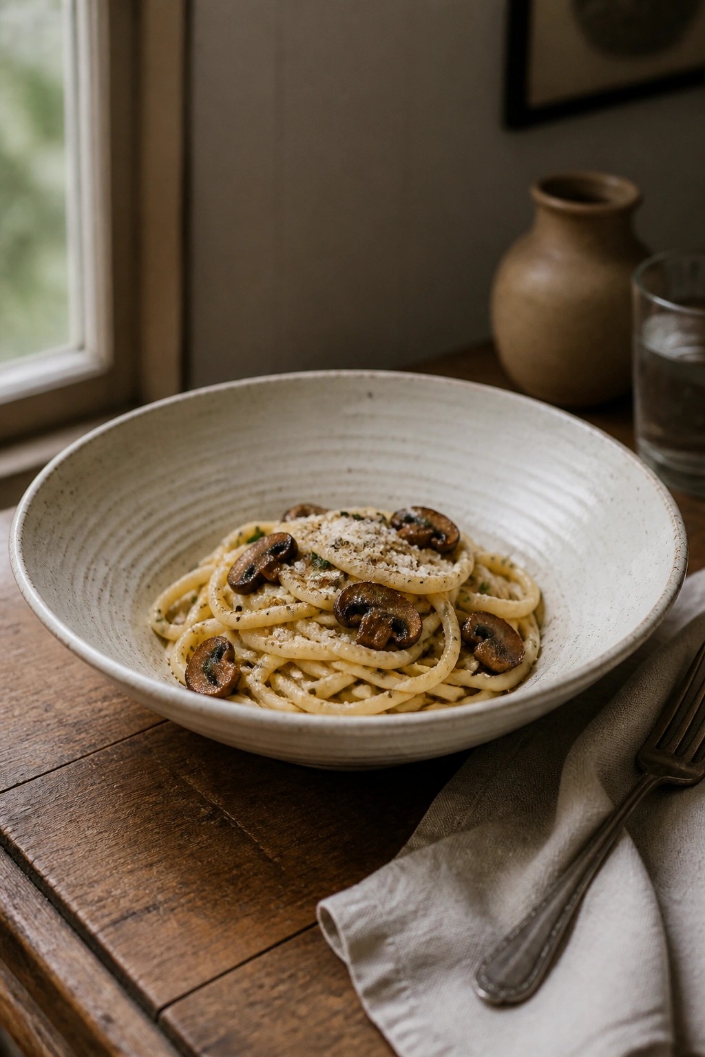 Mushroom pasta with cheese in a rustic white bowl on a wooden table